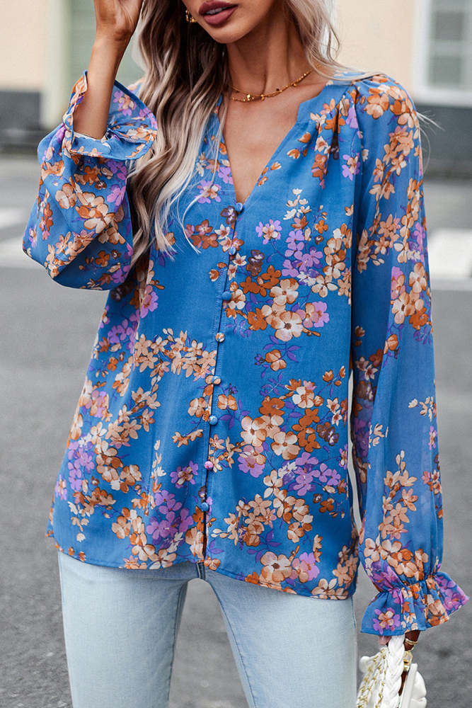 Sweet Elegant Floral Buttons V Neck Tops