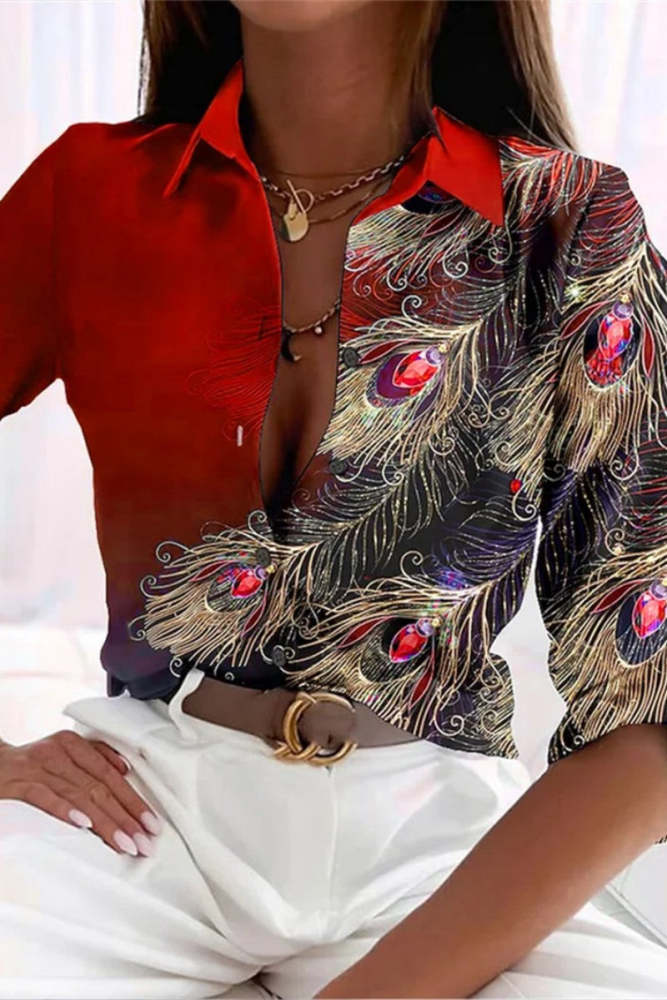 Casual Print Patchwork Shirt Collar Tops
