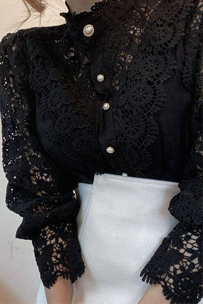 Sexy Lace Patchwork Mandarin Collar Blouses