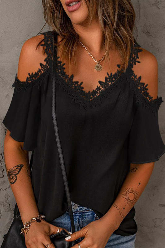 Casual Simplicity Solid Lace Hollowed Out V Neck Tops