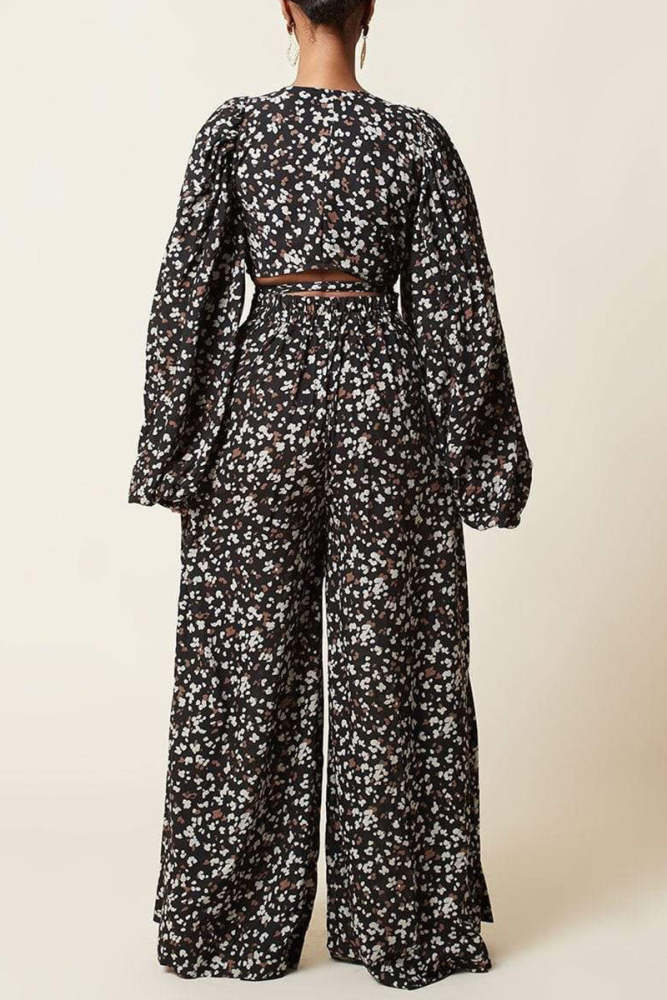 Fashion Casual Print Bandage V Neck Long Sleeve Two Pieces