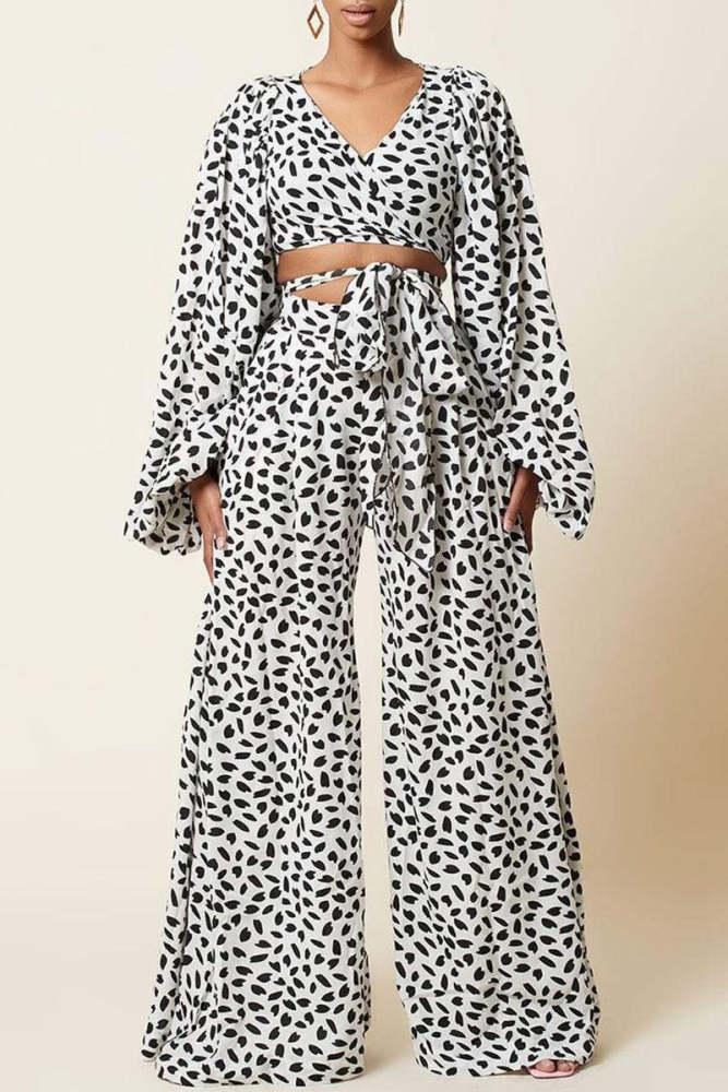 Fashion Casual Print Bandage V Neck Long Sleeve Two Pieces