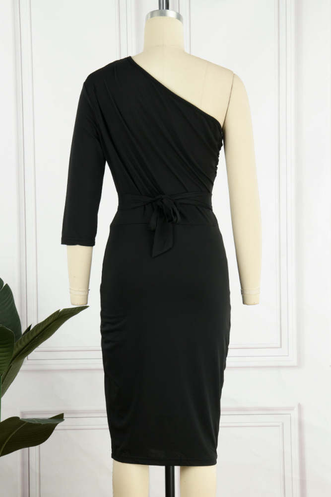 Sexy Solid Patchwork One Shoulder Pencil Skirt Dresses（5 colors）