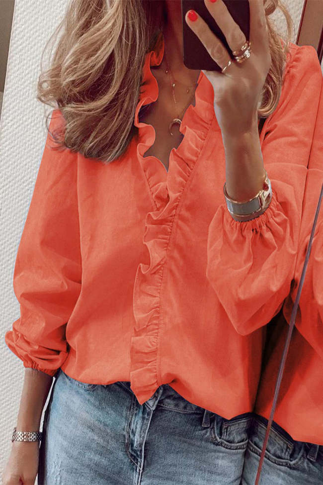 Sweet Elegant Solid Patchwork Flounce V Neck Tops main image 0