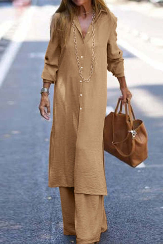 Casual Solid Buttons Turndown Collar Long Sleeve Two Pieces(3 Colors)