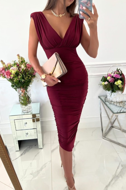 Sexy Solid Split Joint V Neck Pencil Skirt Dresses(4 Colors)