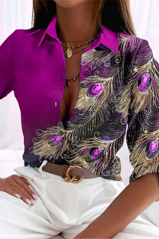 Casual Print Patchwork Shirt Collar Tops