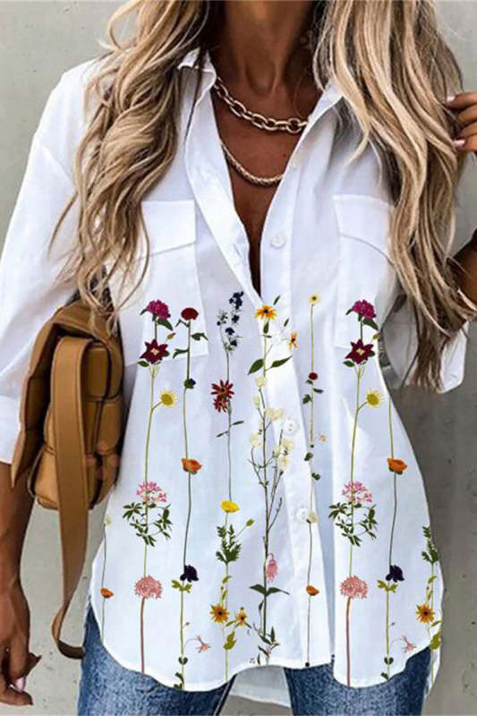 Casual Floral Patchwork Buckle Turndown Collar Tops
