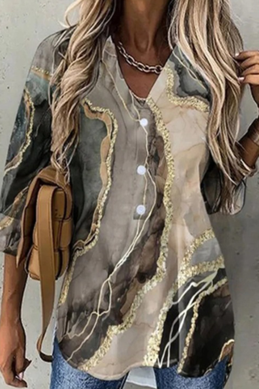 Casual Print Patchwork Turndown Collar Tops