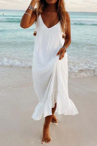 Fashion Simplicity Solid Patchwork V Neck Beach Dresses