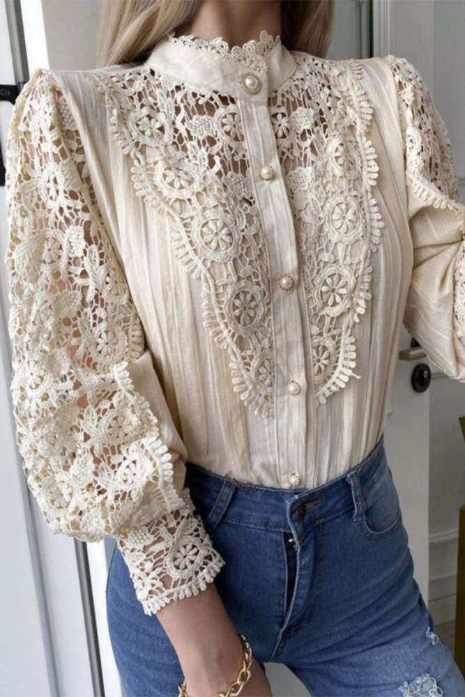 Casual Solid Buckle Flounce Mandarin Collar Blouses