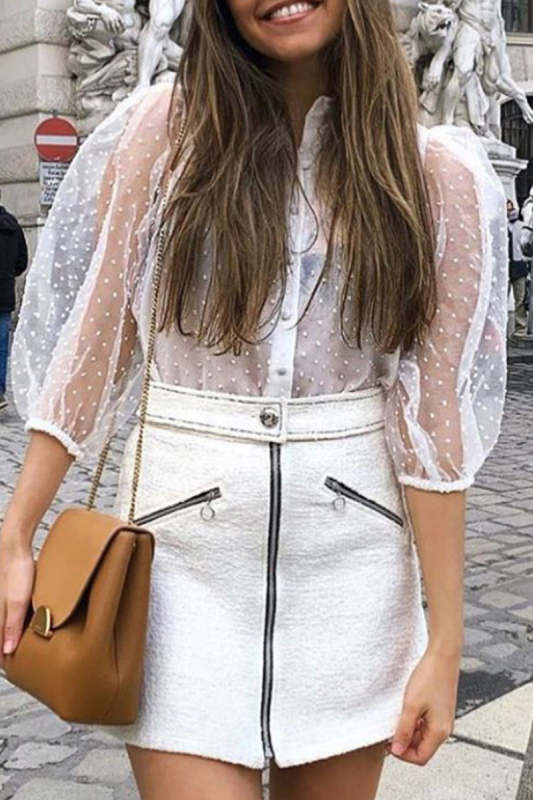 Sexy Polka Dot See-through Turndown Collar Tops