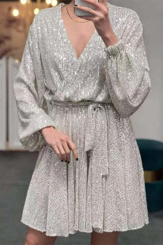 Elegant Solid Sequins V Neck A Line Dresses