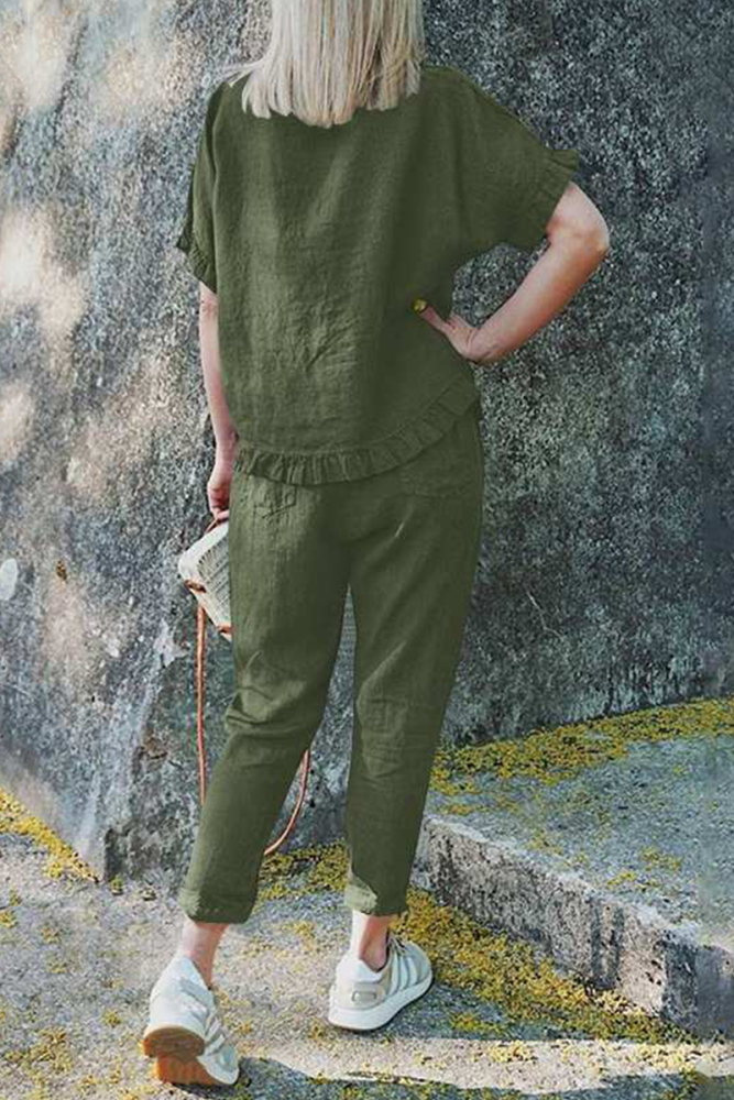 Casual Solid Flounce O Neck Short Sleeve Two Pieces(4 colors)