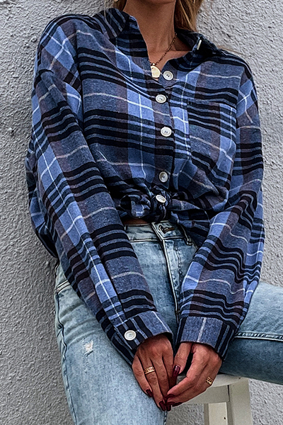 Casual Plaid Split Joint Buckle Turndown Collar Tops