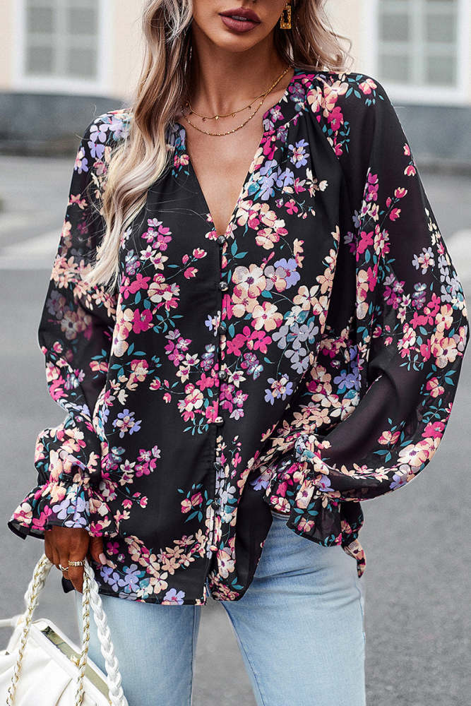 Sweet Elegant Floral Buttons V Neck Tops