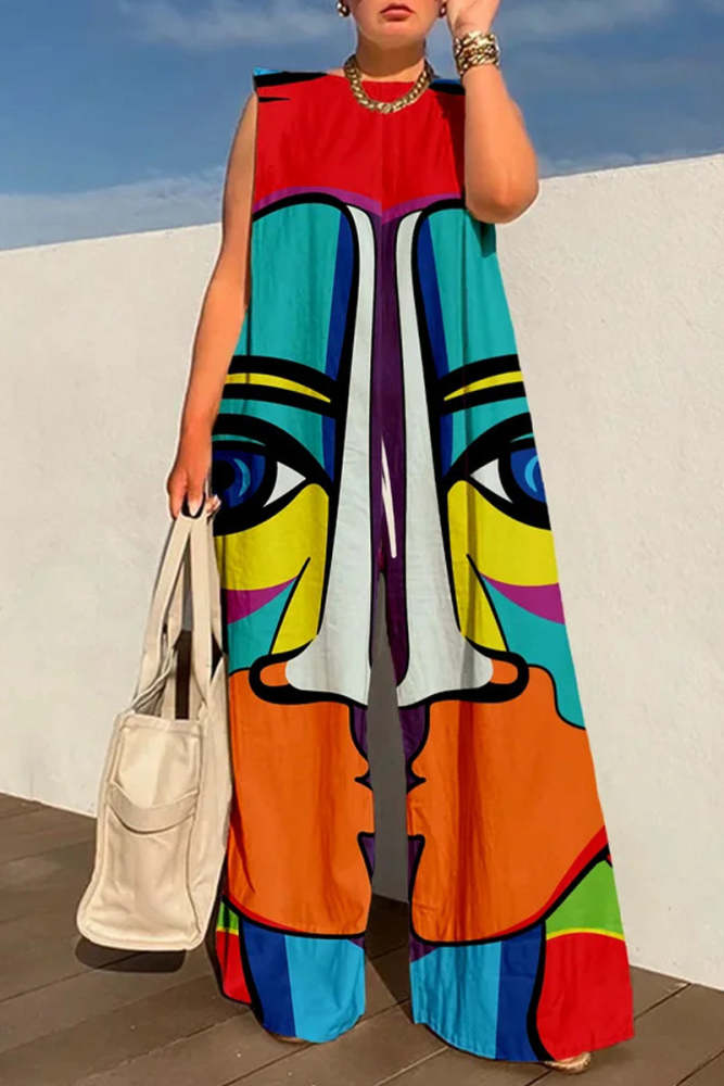 Casual Street Print O Neck Loose Jumpsuits(5 Colors)