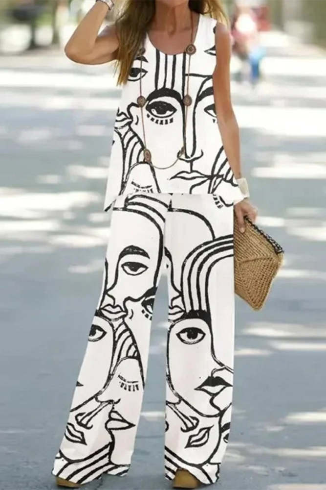 Casual Print Patchwork O Neck Sleeveless Two Pieces
