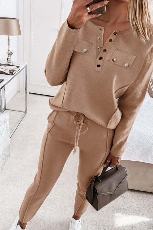 Casual Buckle V Neck Long Sleeve Two Pieces(3 Colors)