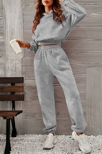 Casual Sportswear Solid Fold Hooded Collar Long Sleeve Two Pieces