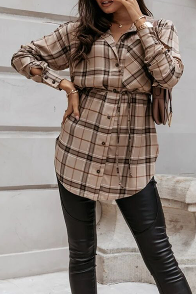 Casual Plaid Pocket Buckle With Belt Turndown Collar Tops(3 colors)