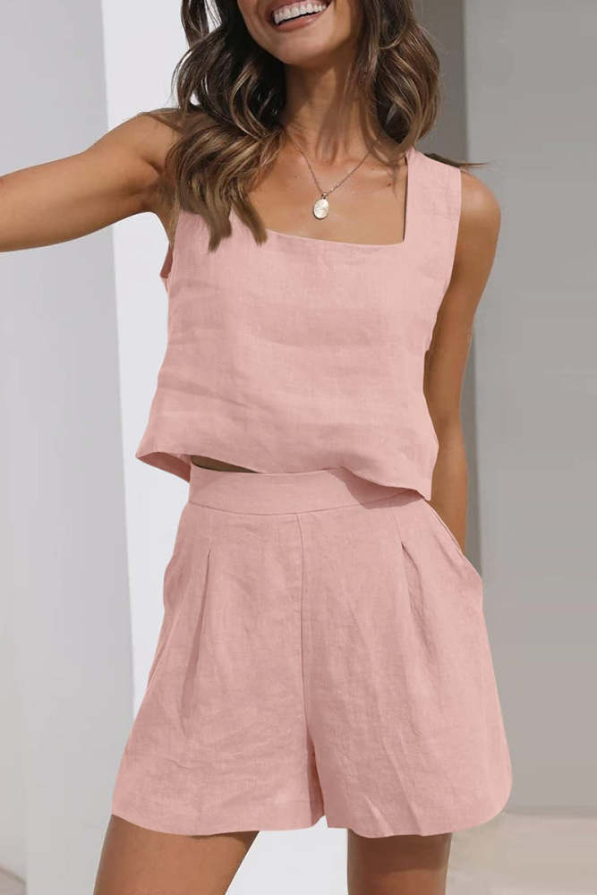 Casual Simplicity Solid Pocket Square Collar Sleeveless Two Pieces(16 Colors)