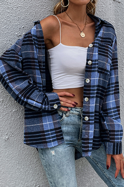 Casual Plaid Split Joint Buckle Turndown Collar Tops