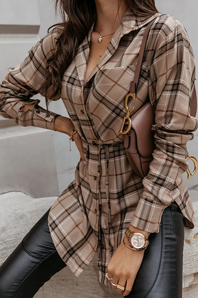 Casual Plaid Pocket Buckle With Belt Turndown Collar Tops(3 colors)