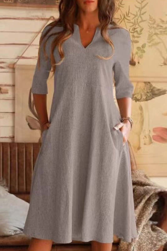 Daily Simplicity Solid Pocket V Neck A Line Dresses(3 Colors)