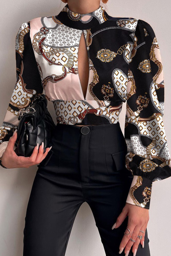 Casual Print Hollowed Out Half A Turtleneck Tops(3 colors)