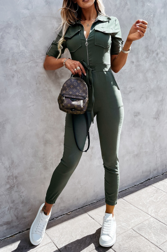 Casual Solid Patchwork Turndown Collar Skinny Jumpsuits(3 Colors)