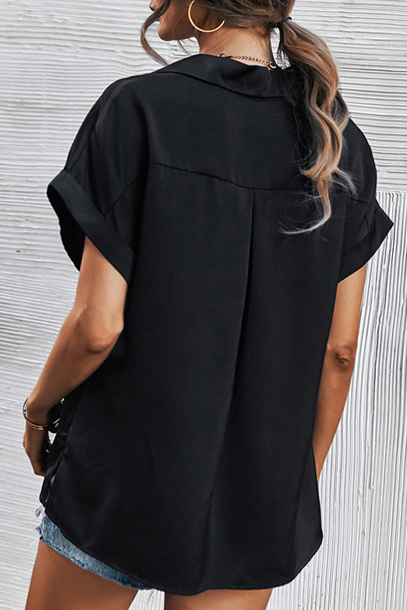 Casual Solid Draw String Zipper Turndown Collar Tops(6 Colors) main image 1