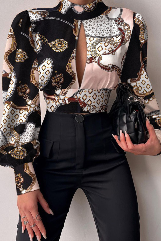 Casual Print Hollowed Out Half A Turtleneck Tops(3 colors)