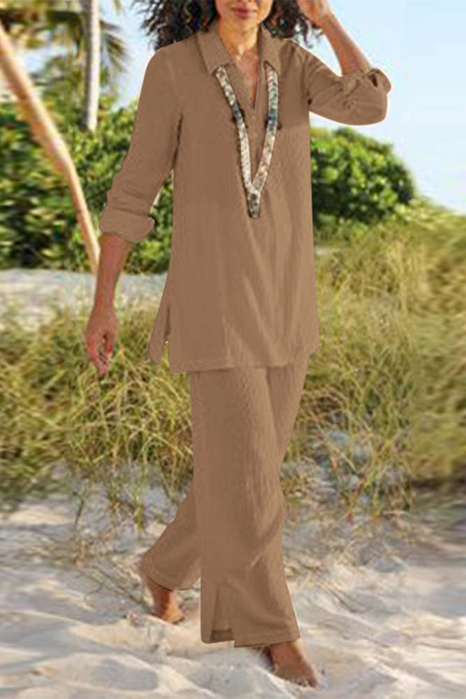 Vintage Elegant Geometric Print Slit Fold V Neck Long Sleeve Two Pieces main image 0