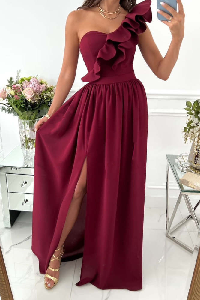 Sexy Vacation Print Fold Oblique Collar A Line Dresses main image 1