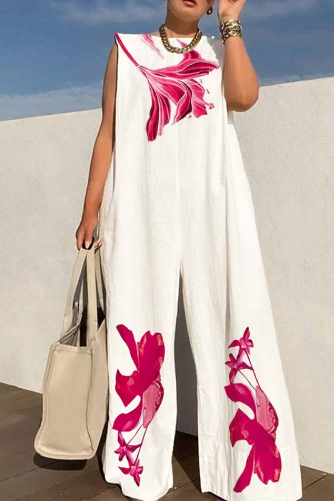 Casual Street Print O Neck Loose Jumpsuits(5 Colors)