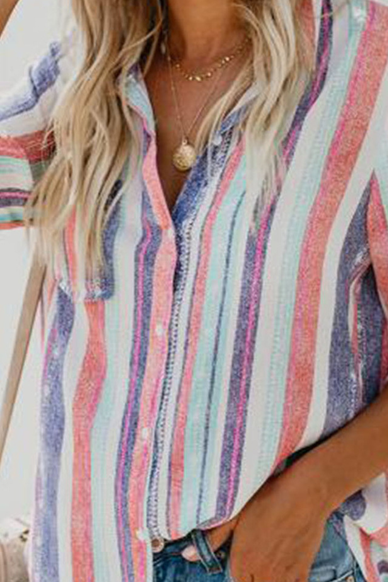 Casual Patchwork Pocket Buckle Contrast Turndown Collar Tops main image 0