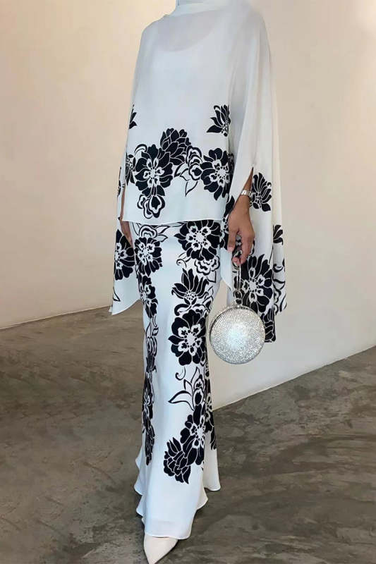 Elegant Floral Patchwork Half A Turtleneck Long Sleeve Two Pieces