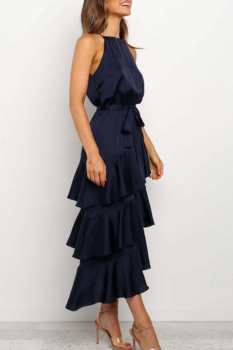 Fashion Solid Flounce O Neck Cake Skirt Dresses（9 colors）