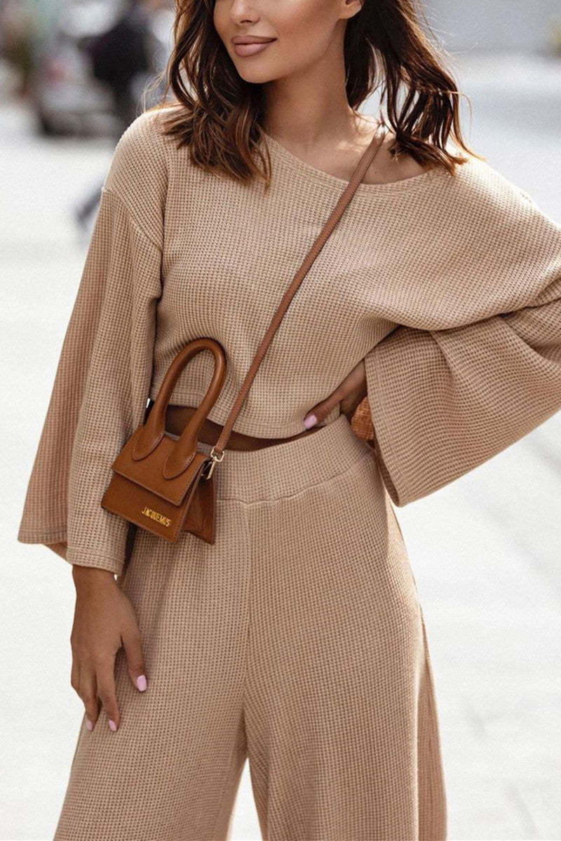 Sexy Solid Color Lace Up Off Shoulder Long Sleeve Two Pieces