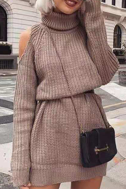 Casual Solid Hollowed Out Split Joint Turtleneck Straight Dresses (Without Belt)