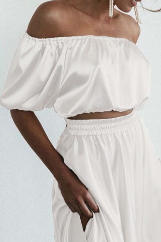 Elegant Solid Fold Asymmetrical Off the Shoulder Half Sleeve Two Pieces