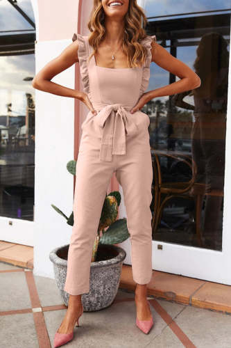 Fashion Street Solid Patchwork Square Collar Straight Jumpsuits()3 Colors)