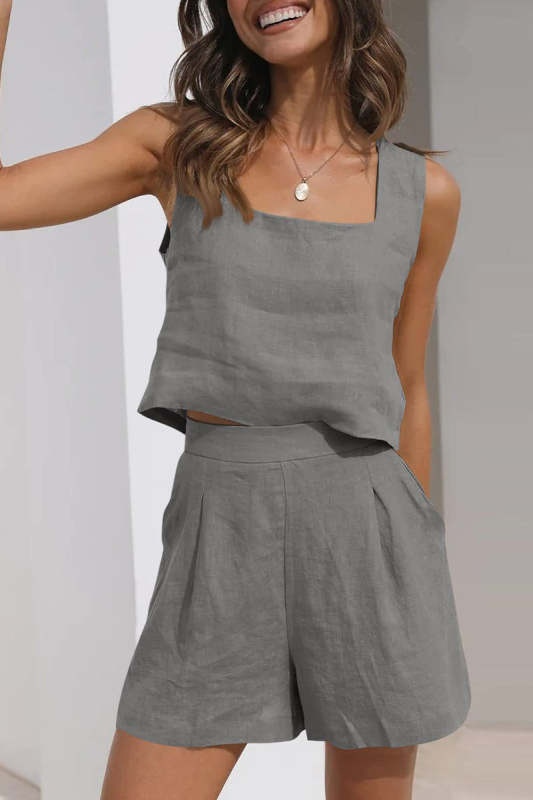 Casual Simplicity Solid Pocket Square Collar Sleeveless Two Pieces(16 Colors)