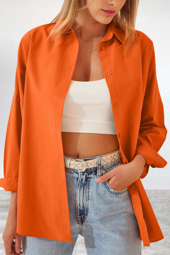 Casual Simplicity Solid Buttons Turndown Collar Tops