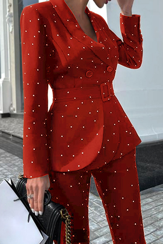 Fashion Elegant Polka Dot Buckle With Belt Turndown Collar Long Sleeve Two Pieces