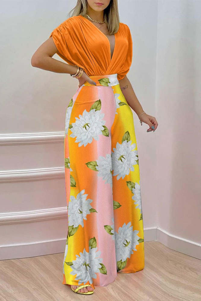 Elegant Print Solid Patchwork V Neck Short Sleeve Two Pieces