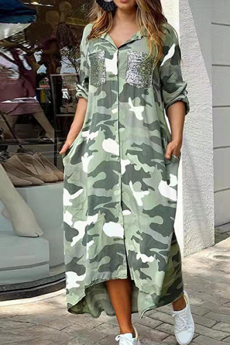 Casual Print Camouflage Print Sequins Buckle Turndown Collar Shirt Dress Dresses