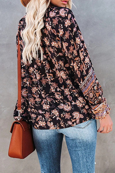 Fashion Casual Floral Split Joint Flounce V Neck Tops