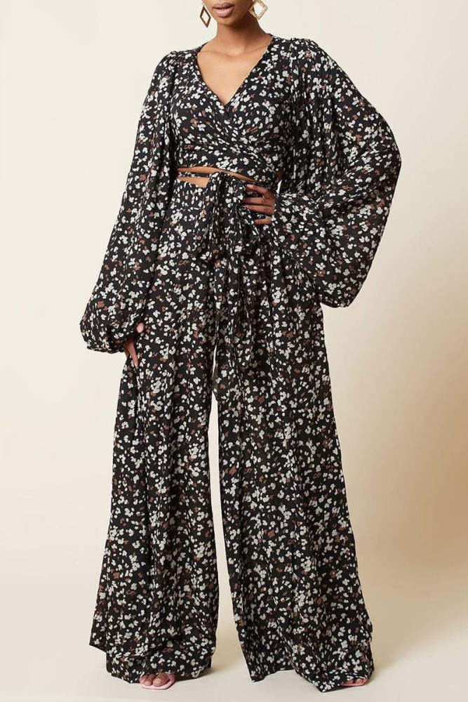 Fashion Casual Print Bandage V Neck Long Sleeve Two Pieces